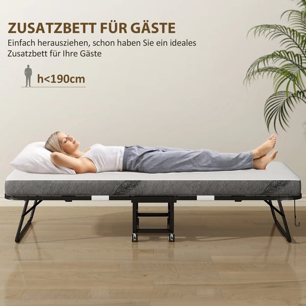 Gæsteseng, foldbar seng med hjul, stål/skum, hvid/sort, 200x80x42,5cm