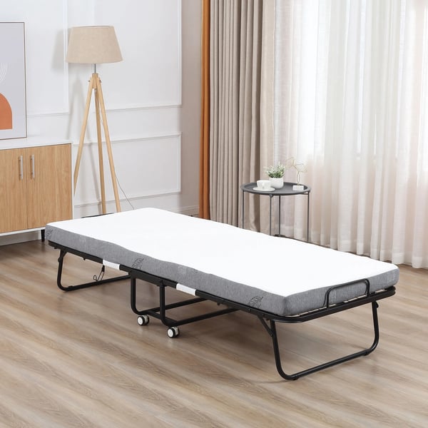 Gæsteseng, foldbar seng med hjul, stål/skum, hvid/sort, 200x80x42,5cm