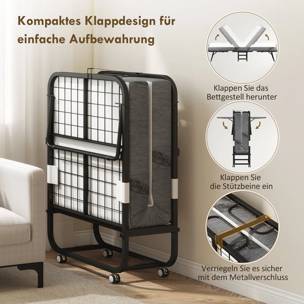Gæsteseng, foldbar seng med hjul, stål/skum, hvid/sort, 200x80x42,5cm