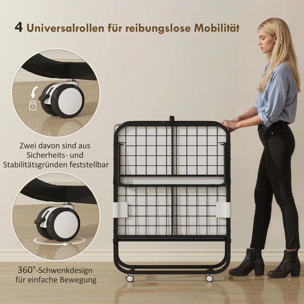 Gæsteseng, foldbar seng med hjul, stål/skum, hvid/sort, 200x80x42,5cm