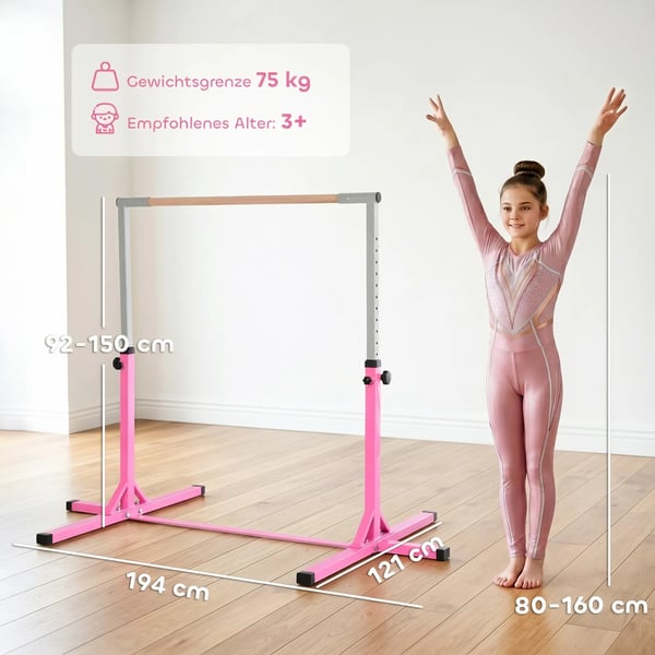 Gymnastik Reckstång Höjdjusterbar 13-stegs Upp till 75 kg Belastning Gymnastikredskap Stål Bokträ Rosa