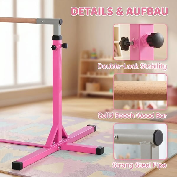 Gymnastik Reckstång Höjdjusterbar 13-stegs Upp till 75 kg Belastning Gymnastikredskap Stål Bokträ Rosa