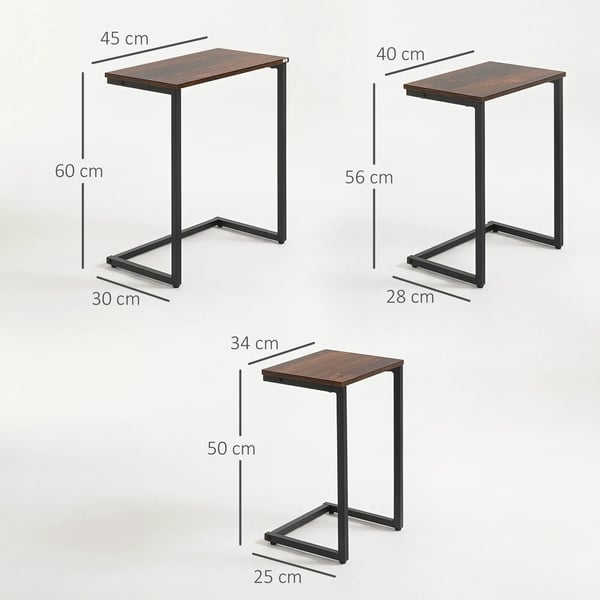3-delars sidobordsset C-formade stapelbara bord i industridesign - Mdf/stål, rustikbrun