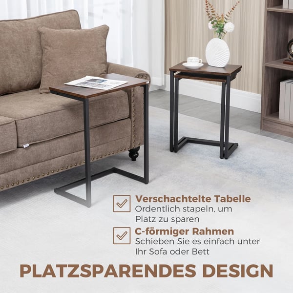 3-delars sidobordsset C-formade stapelbara bord i industridesign - Mdf/stål, rustikbrun