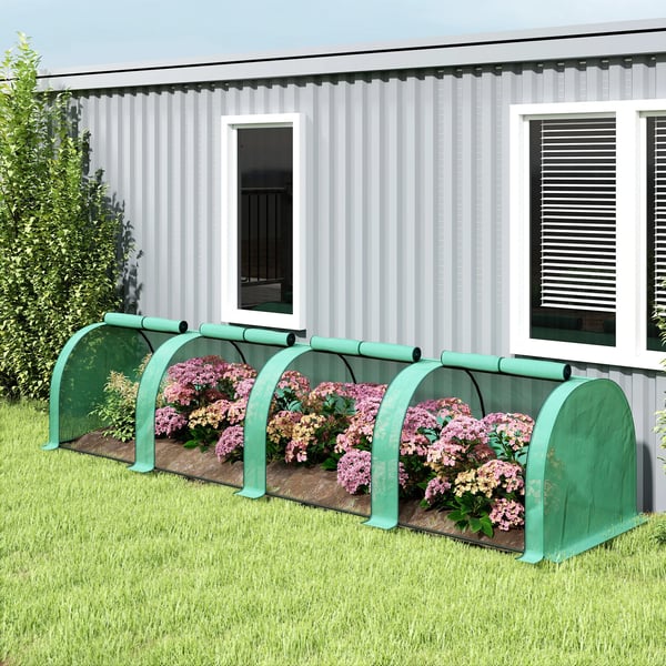 Tunnelväxthus, 4 fönster med dragkedja, stålram, robust presenning, 395 x 100 x 80 cm, Grön