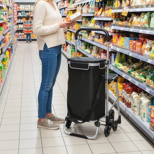 Indkøbstrolley med 3 hjul, 40L vandtæt Oxford-taske, sæde, sort/sølv