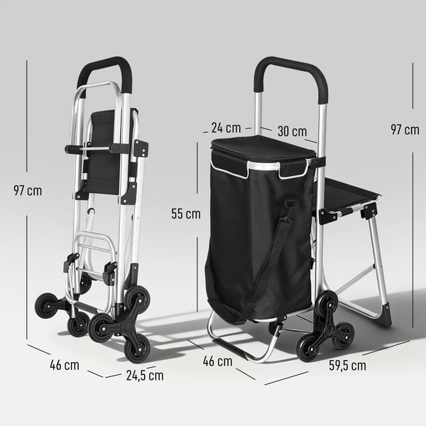 Indkøbstrolley med 3 hjul, 40L vandtæt Oxford-taske, sæde, sort/sølv