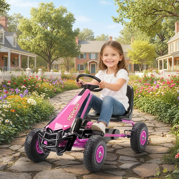 Pedal Gokart til Børn - Lyserød Plastik/Stål - Justerbar, EVA-hjul, Bremse - 3-8 år