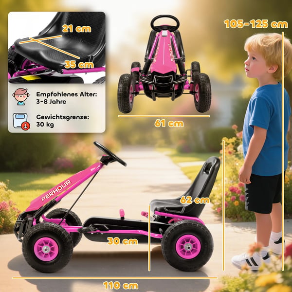 Pedal Gokart til Børn - Lyserød Plastik/Stål - Justerbar, EVA-hjul, Bremse - 3-8 år