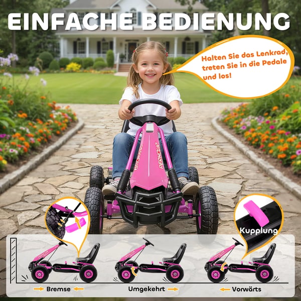 Pedal Gokart til Børn - Lyserød Plastik/Stål - Justerbar, EVA-hjul, Bremse - 3-8 år