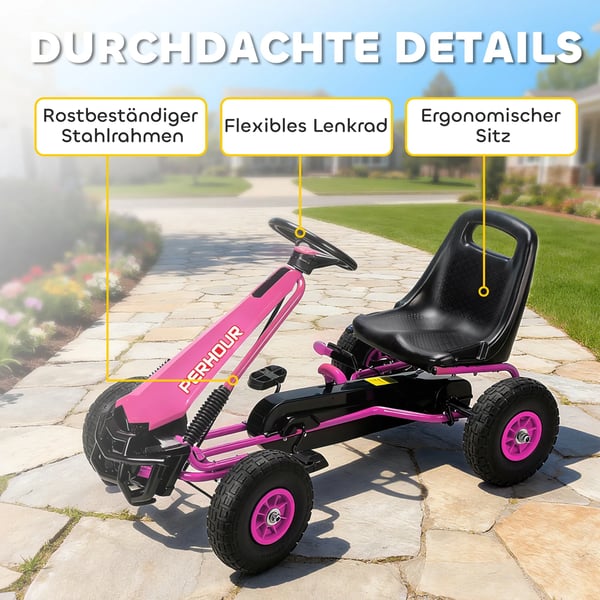 Pedal Gokart til Børn - Lyserød Plastik/Stål - Justerbar, EVA-hjul, Bremse - 3-8 år