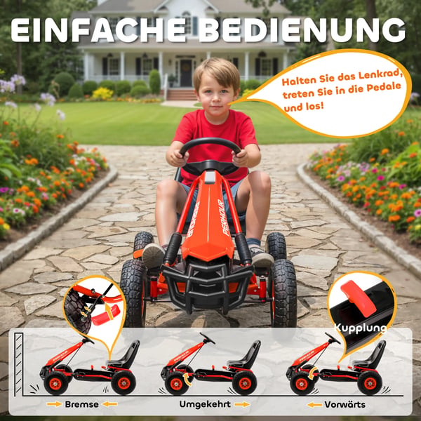 Pedal Gokart til Børn, Rød, Med justerbart sæde og EVA-hjul, 3-8 år