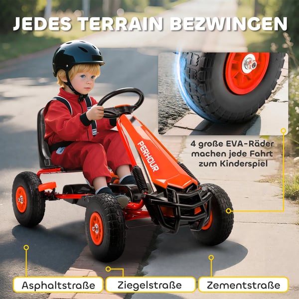 Pedal Gokart til Børn, Rød, Med justerbart sæde og EVA-hjul, 3-8 år