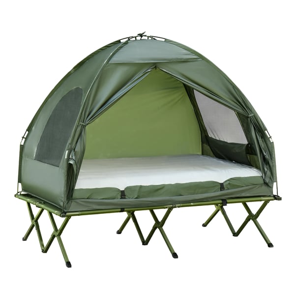 forhøjet campingseng og telt, feltseng, kuppeltelt med luftmadras, inkl. pumpe, taft, grøn, 193 x 136 x 178 cm
