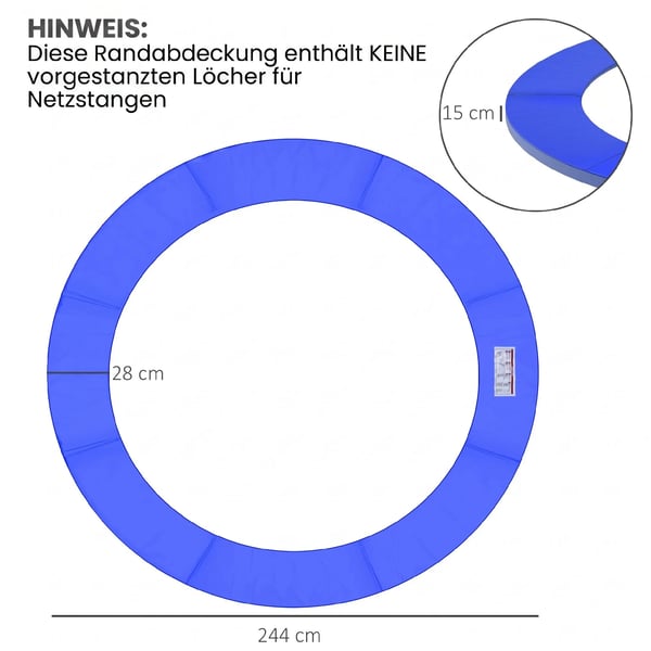 Trampolintilbehørssæt, kantbeskyttelse, sikkerhedsnet, overtræk, stige, til 8ft-15ft, Ø 244cm, blå