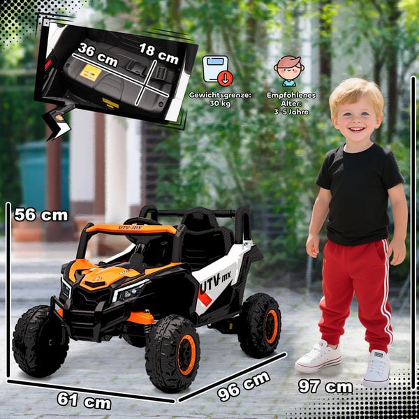 12V Elbil til børn - Orange (Fjernbetjent, Musik, LED, USB)