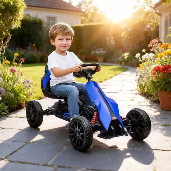 Gokart til børn - Blå, Justerbart Sæde, Pedalbil med Håndbremse, Plastik & Metal, 3-8 år