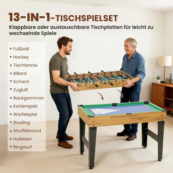 13-i-1 spelbord, bordsfotboll, schack, biljard, bordtennis och mer, MDF, plast, valnöt