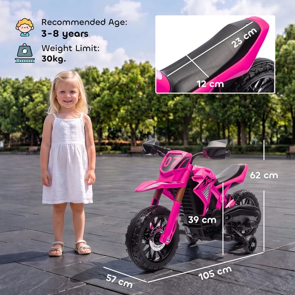 12V Elektrisk Børnemotorcykel - Lyserød, Metal, Støttehjul, Op til 3 km/t, Horn & Startlyd (3-8 år, Max 30kg)