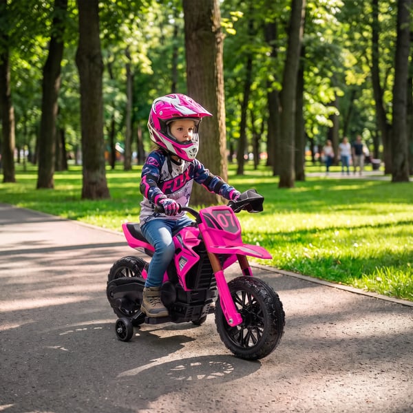 12V Elektrisk Børnemotorcykel - Lyserød, Metal, Støttehjul, Op til 3 km/t, Horn & Startlyd (3-8 år, Max 30kg)