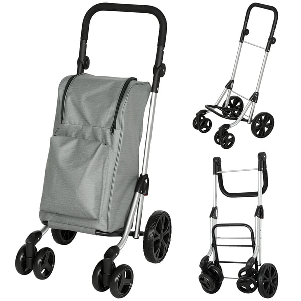 Shoppingvagn, 46 liter väska, hopfällbar kundvagn med kylväska, justerbart handtag, aluminiumram, grå