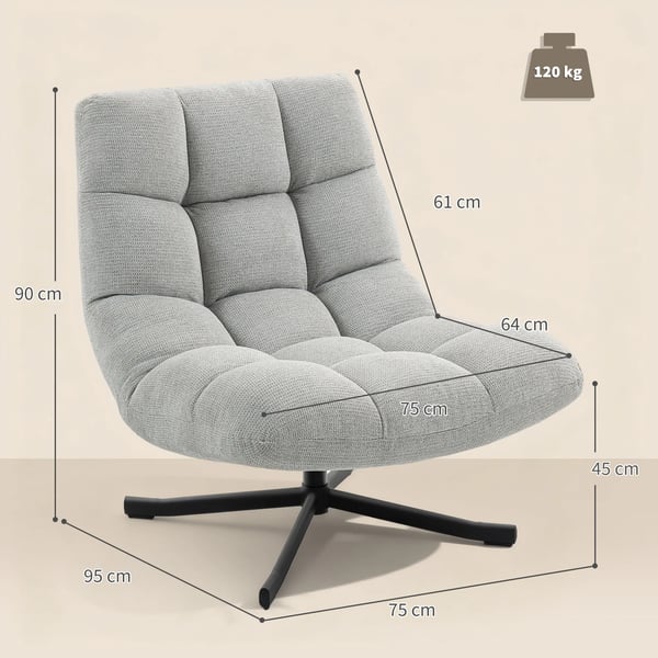Drejelig Loungestol, 75cm Bred, Vandafvisende Chenille-look, Stålben, Lysegrå