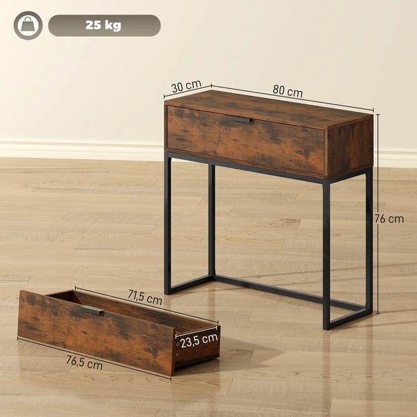 Konsolbord med låda, industriell design, 80x30x76 cm, rustik brun
