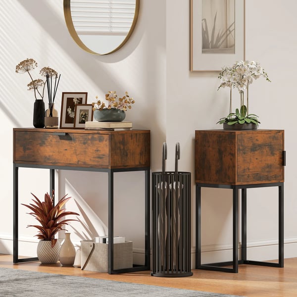 Konsolbord med låda, industriell design, 80x30x76 cm, rustik brun