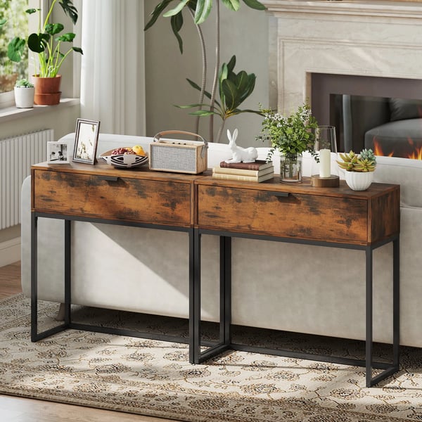Konsolbord med låda, industriell design, 80x30x76 cm, rustik brun