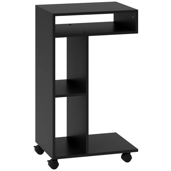 Sidobord, C-formad serveringsvagn, 4 hjul, 3 fack, 40 x 30 x 69 cm, Svart