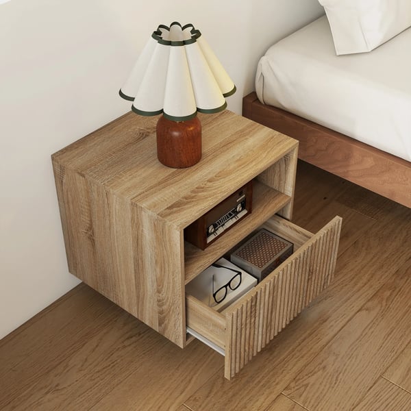 Nattduksbord Vägghängd Ljusbrun Naturträ MDF med Låda och Öppet Fack Grepplös Design 40x39.5x35cm