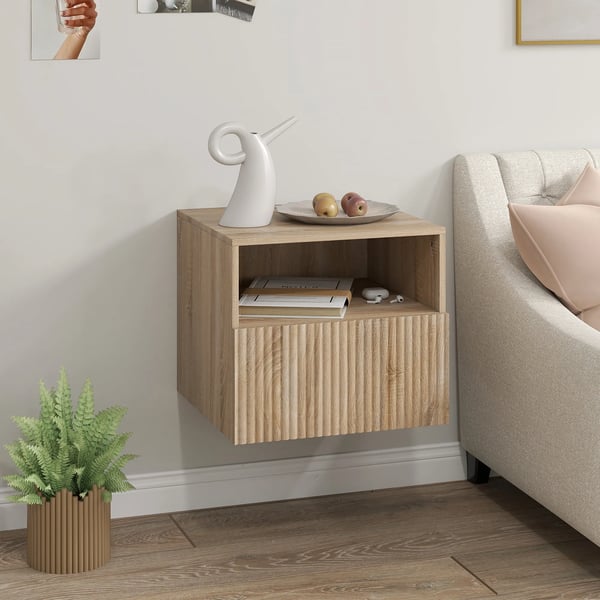 Nattduksbord Vägghängd Ljusbrun Naturträ MDF med Låda och Öppet Fack Grepplös Design 40x39.5x35cm