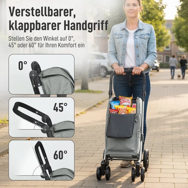 -ostoskärry, 46 litran laukku, kokoontaitettava ostoskärry kylmälaukulla, säädettävä kahva, alumiinirunko, harmaa
