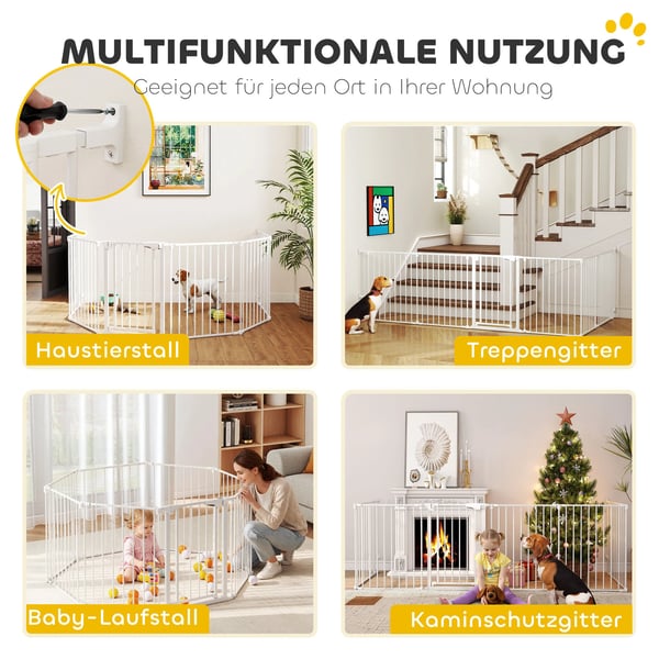 Kæledyrshegn, 6-panel barriere med dør, sammenklappelig, til små & mellemstore hunde, stål/plast, hvid