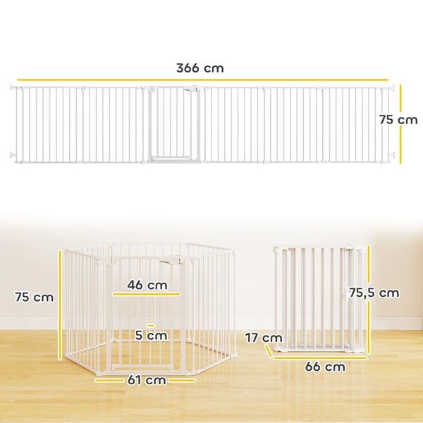 Kæledyrshegn, 6-panel barriere med dør, sammenklappelig, til små & mellemstore hunde, stål/plast, hvid