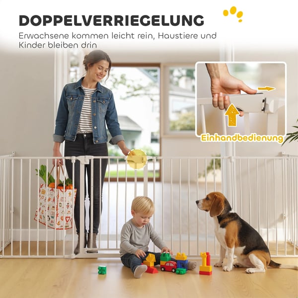 Kæledyrshegn, 6-panel barriere med dør, sammenklappelig, til små & mellemstore hunde, stål/plast, hvid