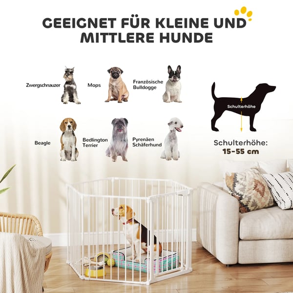 Kæledyrshegn, 6-panel barriere med dør, sammenklappelig, til små & mellemstore hunde, stål/plast, hvid