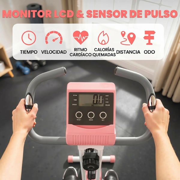 Motionscykel 2-i-1 Rosa/Hvid Stål LCD Skærm 8-trins Magnetisk Modstand Sammenfoldelig