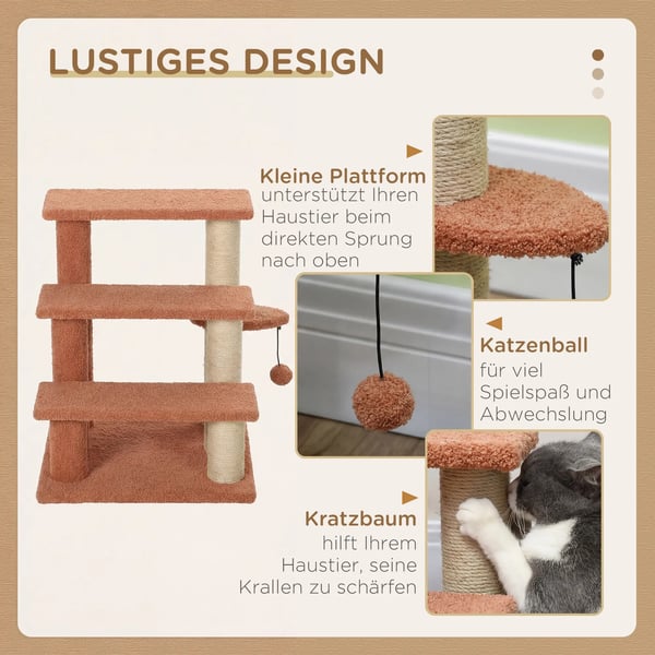 Kattetrappe 3-trins brun med kradsesøjler og leget bolde, tr til k op til 5 kg, jute, 45 x 40 x 48 cm
