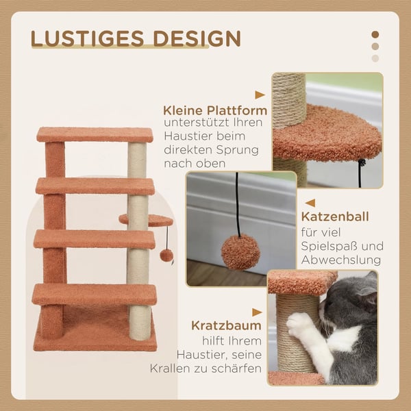 Kissan portaat ja raapimapuu – 4-tasoinen lemmikkiportaikko leikkipallolla – Ruskea puukomposiitti, juutti – 60x40x64 cm