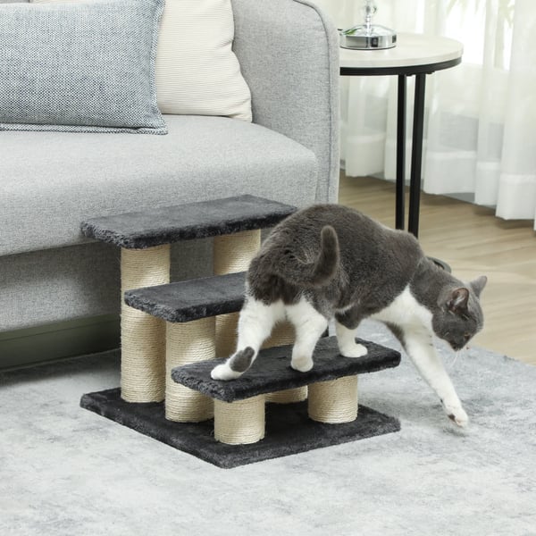 trappe til katte og hunde, 3 trin, plys, mørkegrå, 45x35x34cm. Perfekt til ældre, syge eller små kæledyr. Skåner led og gør op- og nedstigning