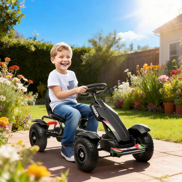 Go-kart, trampbil, trampfordon med handbroms, barnfordon med justerbart säte, pedaldriven, trampbil för barn 5-12 år, utomhus, svart