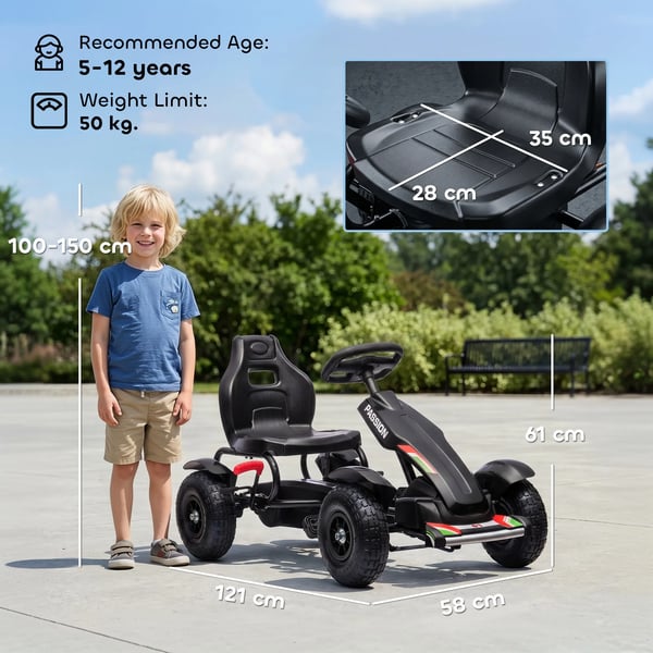 Go-kart, trampbil, trampfordon med handbroms, barnfordon med justerbart säte, pedaldriven, trampbil för barn 5-12 år, utomhus, svart