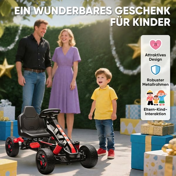 Gokart til brn med pedaler, rd, med bremse, skridsikre hjul og metalkofanger