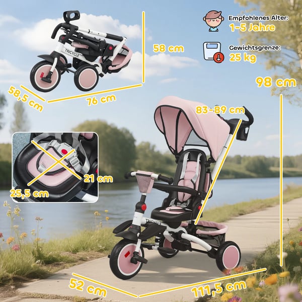 Monikäyttöinen 6-in-1 Lastenpyörä ja Rattaat - Taitettava & Säädettävä - Pinkki Muovi/Teräs