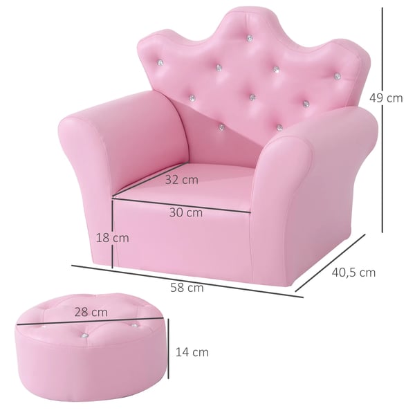 Børnesofa med Puf, Lyserød, Skum + Træ + PVC, 58x40,5x49cm