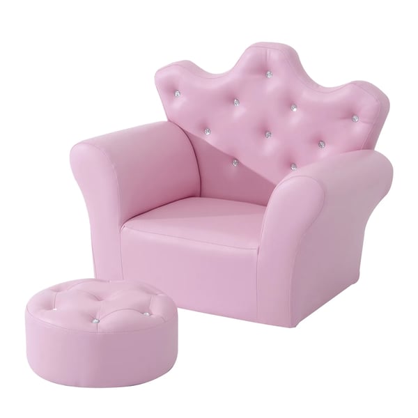 Børnesofa med Puf, Lyserød, Skum + Træ + PVC, 58x40,5x49cm