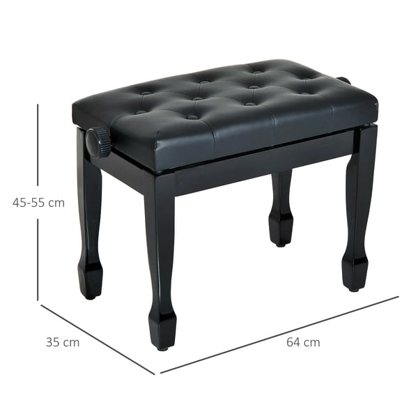 Klaverbænk - Højdejusterbar, Sort Kunstlæder & Massivt Træ, 64x35x45-55 cm