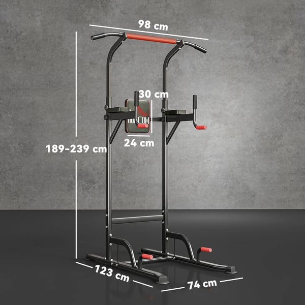 Træningsstation Power Tower - Justerbar Dip Station med Pull-up Stang - Stål/Plastik, Sort+Rød - Max 120kg Belastning