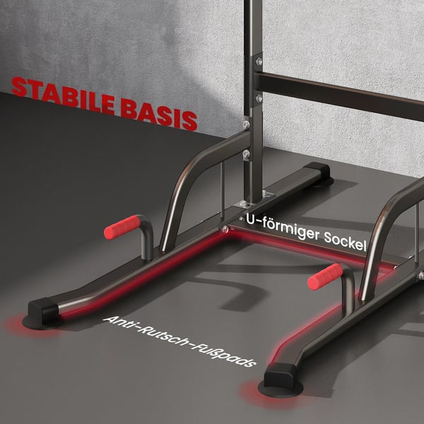 Træningsstation Power Tower - Justerbar Dip Station med Pull-up Stang - Stål/Plastik, Sort+Rød - Max 120kg Belastning
